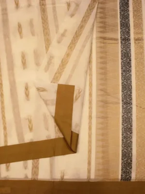 Close-up of vertical Ikat thread-work and floral creeper pallu on Off White & Cream Handloom Kovai Cotton Saree