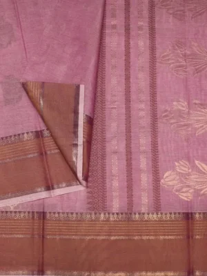 Close-up of floral zari motifs and rosewood temple border on Orchid Pink Handloom Kovai Cotton Saree