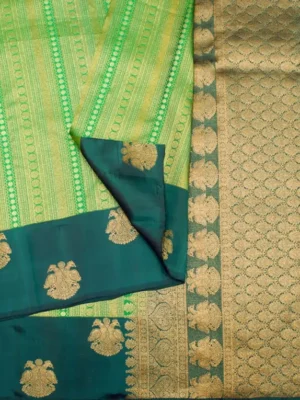 Close-up of Vairaoosi zari weaving, gold peacock motifs and brocade pallu on Parrot Green Signature Brocade Soft Silk Saree