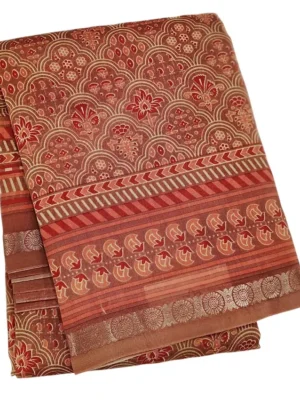 Close-up of Bagru block prints and golden zari border on Pastel Brown Pure Chanderi Cotton Saree