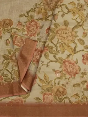 Close-up of floral digital prints and metallic tissue border on Pearl Grey Tissue Linen Saree