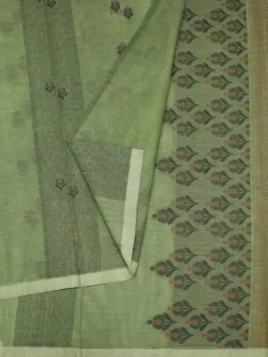 Close-up of thread work motifs and leaf designs on Pista Green Kovai Cotton Saree