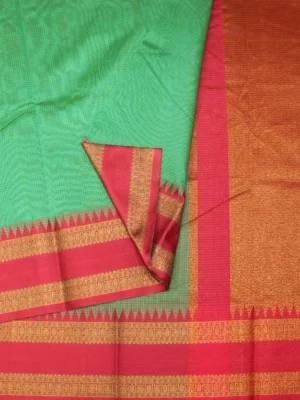 Close-up of self micro checks and Rani Pink temple zari border on Pista Green Semi Chanderi Saree