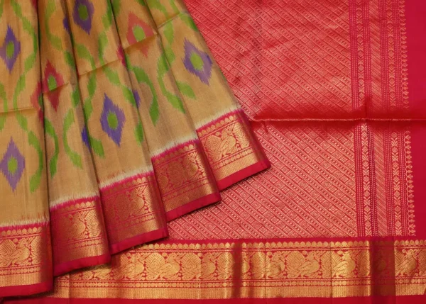 Soft Silk Saree In Dark beige With Ikkat Designs