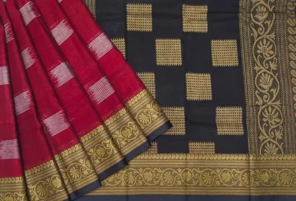 Pure Bengal Cotton Saree in Maroon with Black Threadwork Border