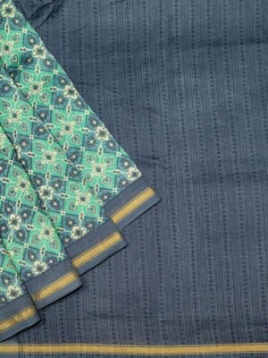 Pure Chanderi Cotton Saree in Sea Green with Ikat Design In Fleat