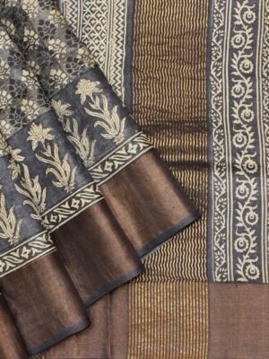 Pure Tussar Silk Saree In Davy GreyWith Golden Zari Border