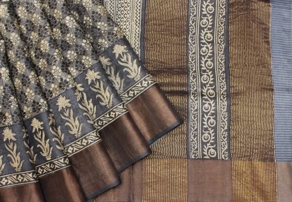 Pure Tussar Silk Saree In Davy GreyWith Golden Zari Border