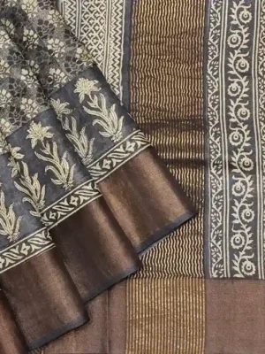 Pure Tussar Silk Saree In Davy GreyWith Golden Zari Border