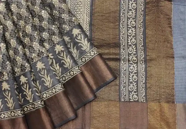 Pure Tussar Silk Saree In Davy GreyWith Golden Zari Border
