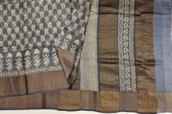 Pure Tussar Silk Saree In Davy GreyWith Golden Zari Border