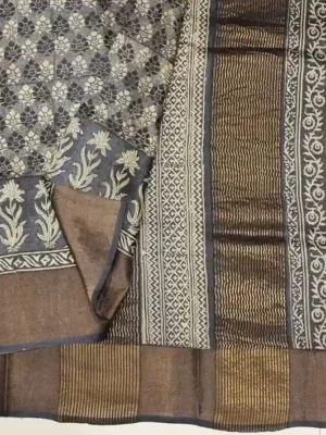 Davy Grey Pure Tussar Silk Saree In Golden Zari Border In CloseUp