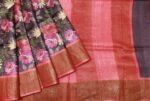 Pure Tussar Silk Saree In Floral Print Pink Border