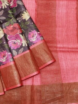 Pure Tussar Silk Saree In Floral Print Pink Border