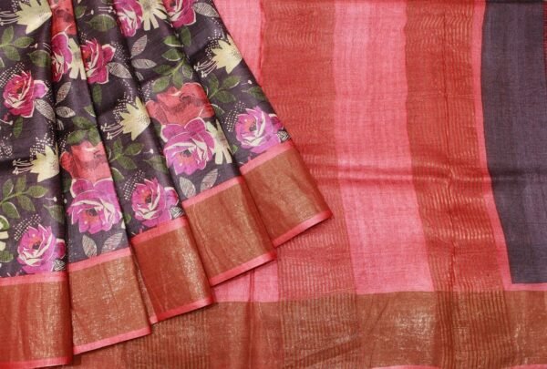 Pure Tussar Silk Saree In Floral Print Pink Border