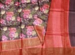 Pure Tussar Silk Saree In Floral Print Pink Border
