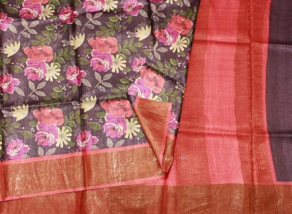Pure Tussar Silk Saree In Floral Print Pink Border