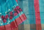 Pure Tussar Silk Saree In Greenish Blue With Goldern Zari Border