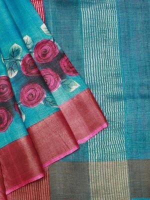 Pure Tussar Silk Saree In Greenish Blue With Goldern Zari Border