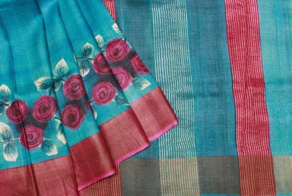 Pure Tussar Silk Saree In Greenish Blue With Goldern Zari Border