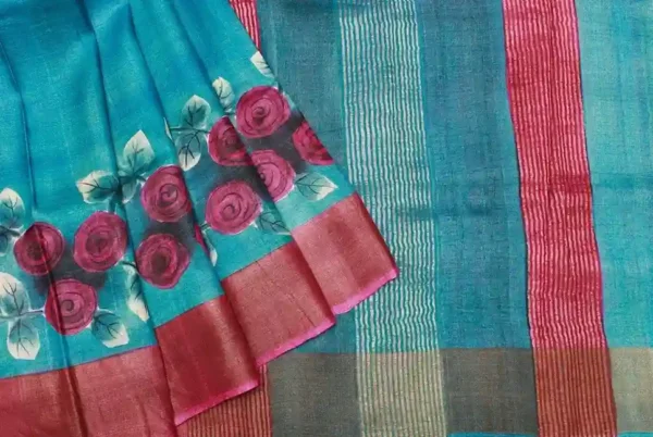 Pure Tussar Silk Saree In Greenish Blue With Goldern Zari Border