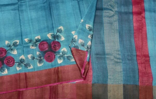 Pure Tussar Silk Saree In Greenish Blue With Goldern Zari Border