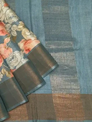 Pure Tussar Saree in Pastel Blue with Rose Digital Prints
