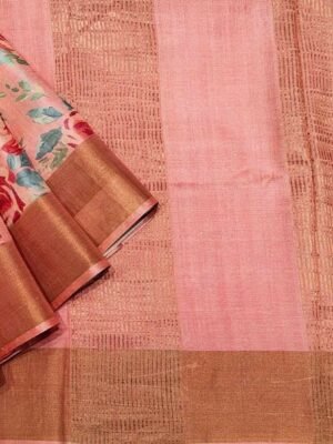 Pure Tussar Silk Saree in Coral Pink with Rose Digital Prints