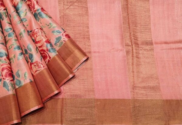 Pure Tussar Silk Saree in Coral Pink with Rose Digital Prints