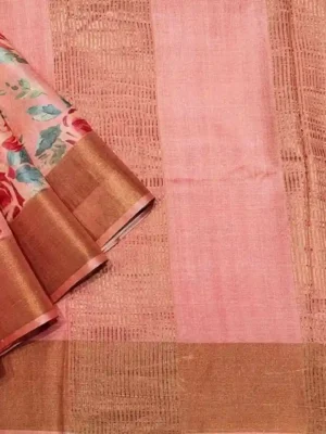 Pure Tussar Silk Saree in Coral Pink with Rose Digital Prints