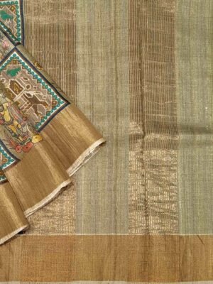 Pure Tussar Silk Saree with Kalamkari Prints & Zari Border