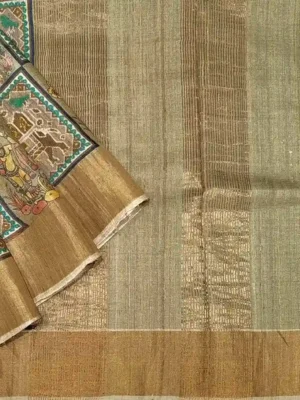 Pure Tussar Silk Saree with Kalamkari Prints & Zari Border