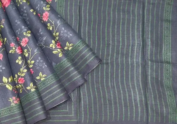 Pure Tussar Silk Saree with Rose Digital Prints