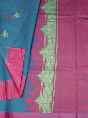 Close-up of floral thread-work motifs and contrast magenta pink border on Rama Blue Handloom Kovai Cotton Saree