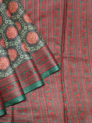 Pure Tussar Silk In Deep Forest Green With Geometric