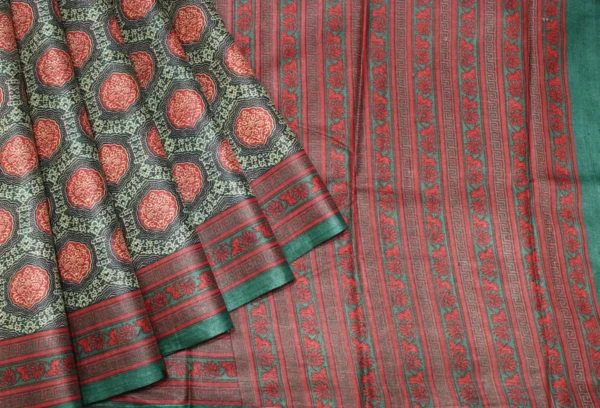 Pure Tussar Silk In Deep Forest Green With Geometric