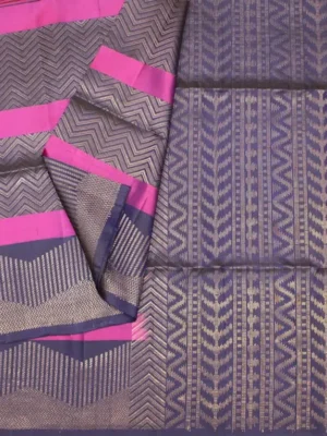 Close-up of metallic zari weaving and magenta contrast pallu on Royal Purple Signature Soft Silk Saree