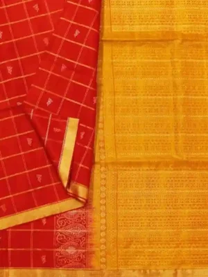 Red Soft Silk Saree with Checks In CloseUp