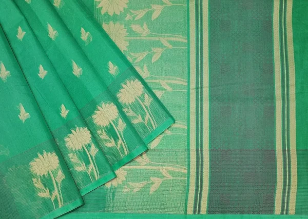 Iconic Kovai Cotton Saree In Sea Green With Leaf Motifs