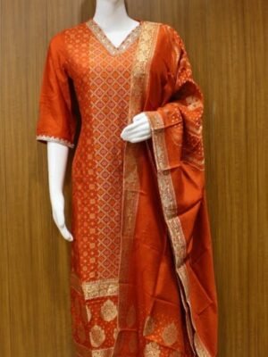 Rust Orange In Salwar Silk Material With Bandhani Work