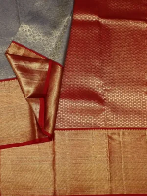 Close-up of gold and silver zari weaving with red temple border on Silver Grey Bridal Soft Silk Saree