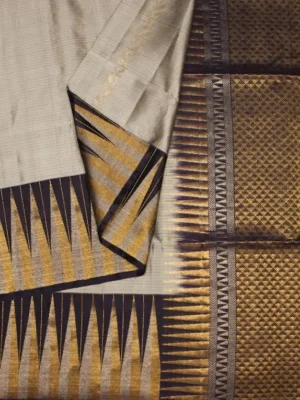 Close-up of checked weave, golden tissue border, and intricate gold zari pallu on Silver Grey Pure Handloom Soft Silk Saree