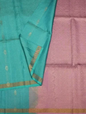 Close-up of Vairaoosi zari checks, gold buttas and purple brocade pallu on Sky Blue Pure Handloom Soft Silk Saree