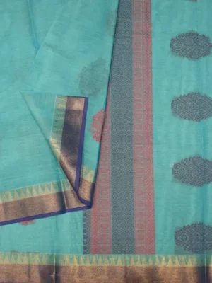 Close-up of floral thread-work motifs and golden zari temple border on Sky Blue Handloom Kovai Cotton Saree