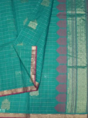 Close-up of golden zari checks and chariot motifs on Teal Blue Handloom Kovai Cotton Saree