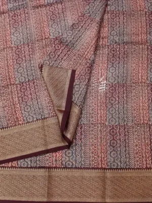 Close-up of Ajrakh hand block print and gold zari border on Wine Red Pure Chanderi Cotton Saree