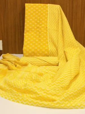 Unstitched Salwar Material In Lemon Yellow With Sanganeri Pattern
