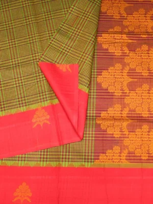 Green Magenta Checks Kovai Cotton Saree In Closeup