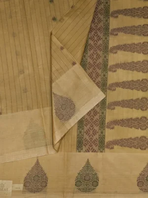 Close-up of dark thread tree motifs and geometric weave on Warm Beige Kovai Cotton Saree
