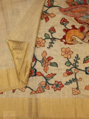 Close-up of Kalamkari peacock floral artwork and antique gold zari border on Cream Semi Tussar Saree